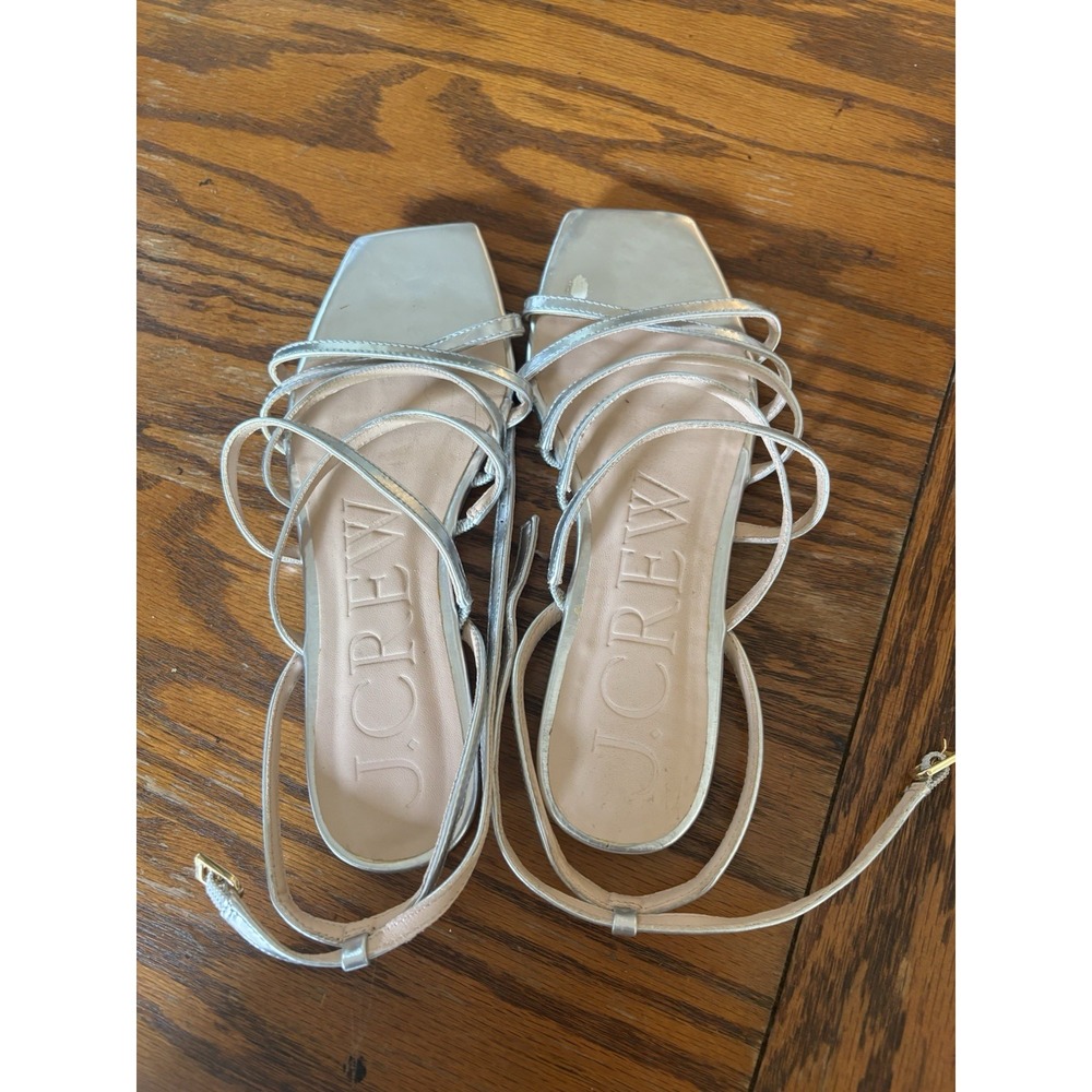 J.Crew Sandals Women 7 Silver Fair Strappy Square Toe Flat Metallic